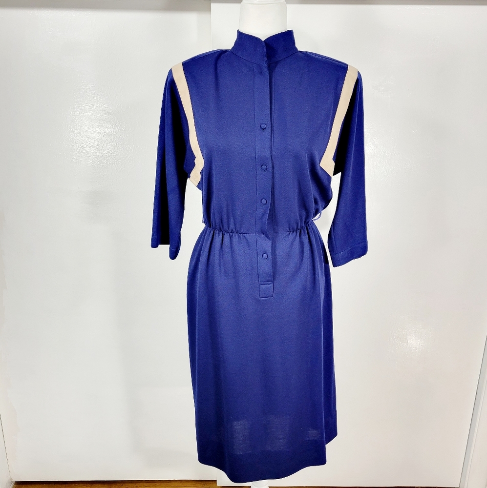 Vintage Geometric Willi of California Long Sleeve Shirt Dress in Navy Blue & Tan
